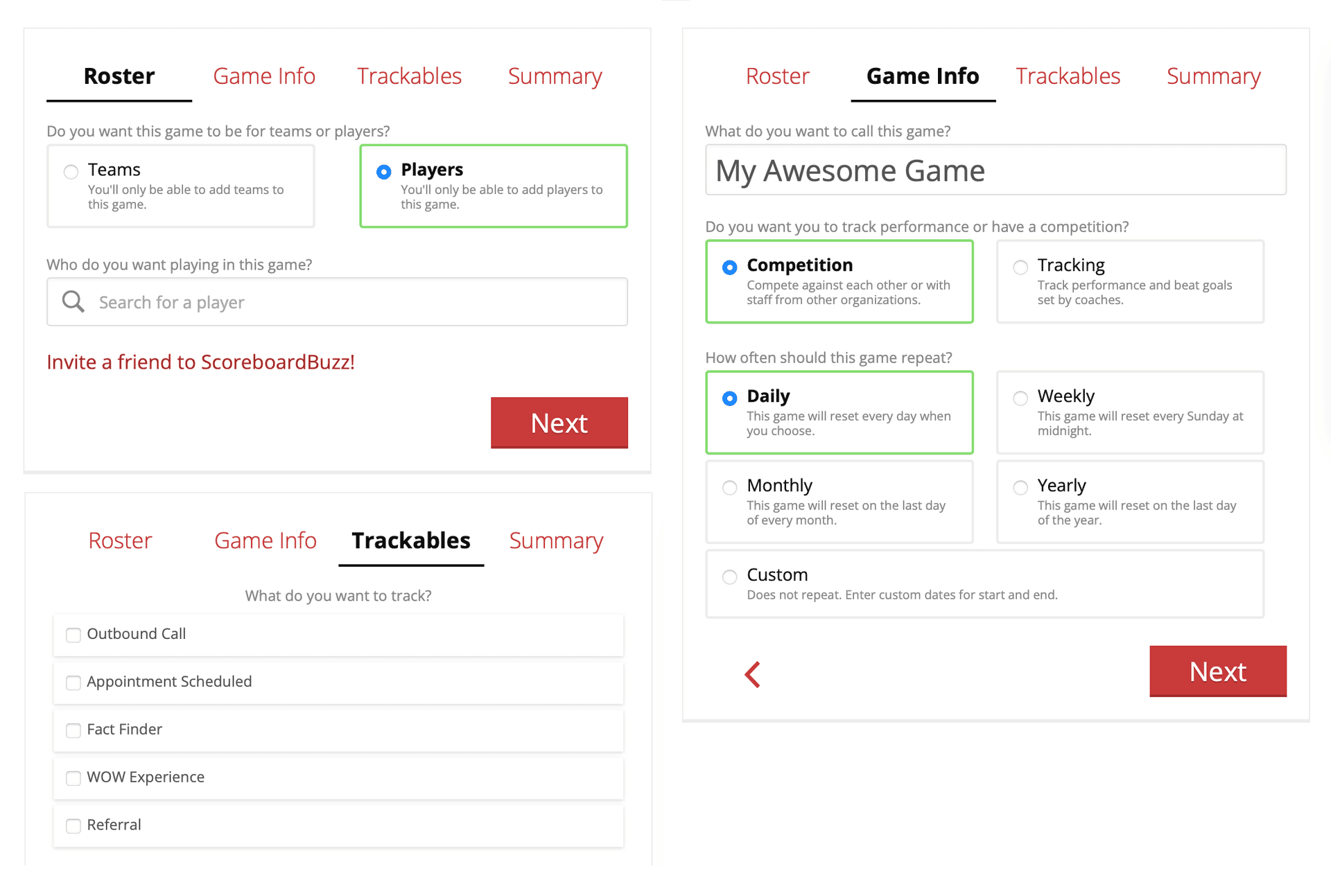 ScoreboardBuzz gamification builder showing game type templates and configuration options